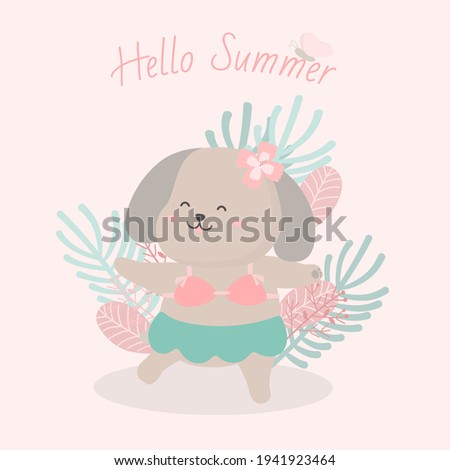 Lovely dog dress up in a Hawaiian outfit in the summer travel, Hand drawn style flat vector illustration, animal cartoon Character in Summer holiday concept 