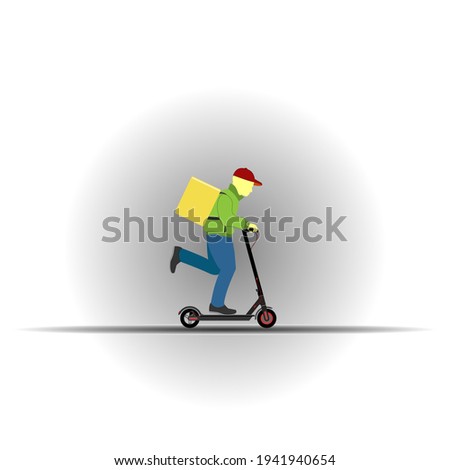 Electric scooter delivery courier. Food delivery service concept. Vector flat illustration.