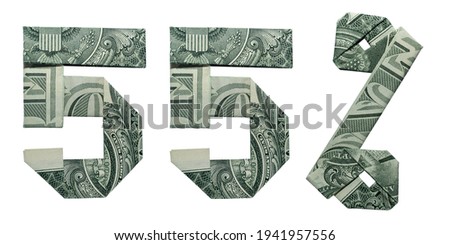 55 Percents Sale Sign Collage Money Origami Folded with 3 Real One Dollar Bills Isolated on White Background