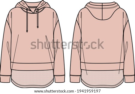 Vector lounge hooded sweatshirt fashion CAD, sport woman long sleeved sweatshirt with mesh fabric technical drawing, template, sketch, flat Royalty-Free Stock Photo #1941959197
