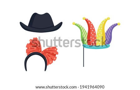 Set of Masquerade Party Costume Accessories, Jester Hat on Stick, Headband with Red Bow, Black Bowler Hat Cartoon Vector Illustration