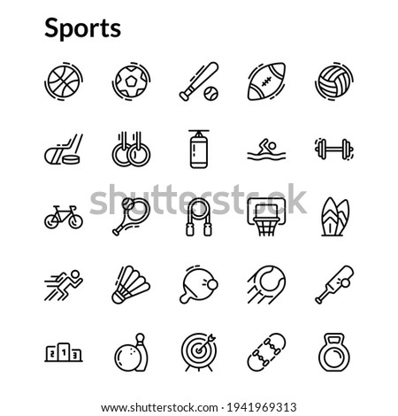 Simple Sports Icon Set Line Style Contain Such Icon as Swim, Running, Run, Ping Pong, Skateboard, Basketball, Bowling, Volleyball, Boxing, Badminton, Shuttlecock and more. 64 x 64 Pixel Perfect