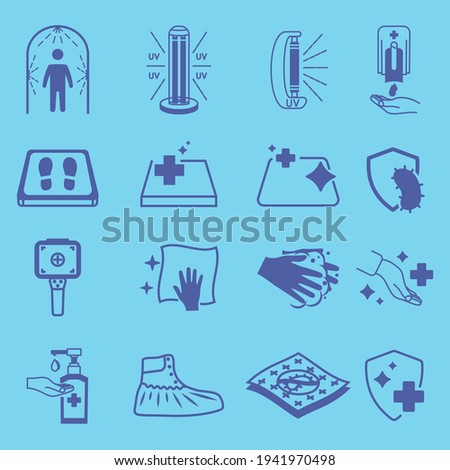 Disinfection icons. Cleaning and sanitizer surface, wash hand gel, UV lamp, sanitizing mat, thermographic camera, antiviral cover, antibacterial protection, disinfection tunnel. Antiviral symbol set