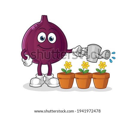 fig watering the flowers mascot. cartoon vector
