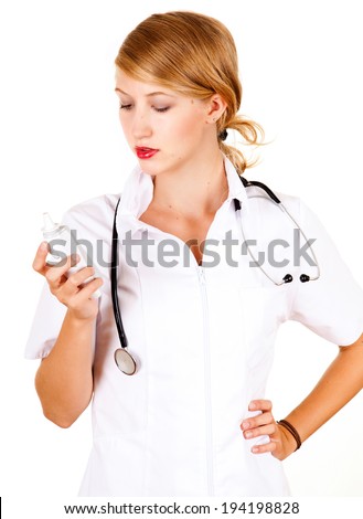 young female doctor with thermometer, white background