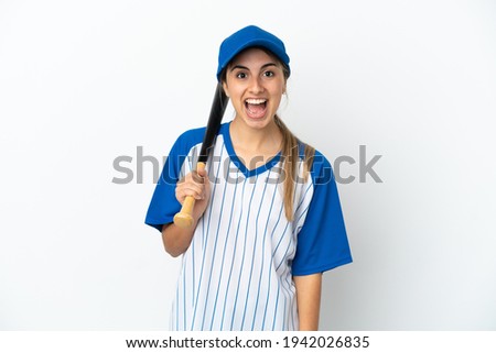 Young caucasian woman playing baseball isolated on white background with surprise facial expression