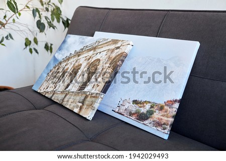 Photo printed on canvas. Canvas prints on sofa, interior decoration