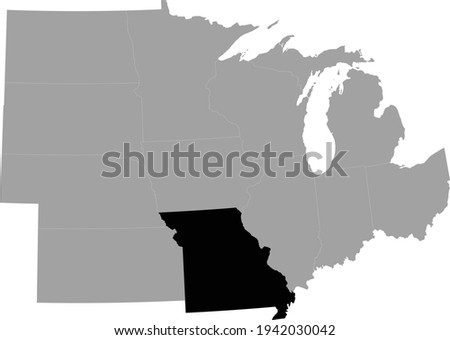 vector illustration of Black Map of US federal state of Missouri inside the map of Midwest region of USA