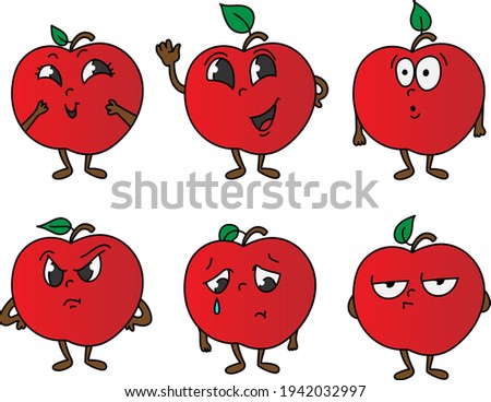 Set of beautiful face fruit apple. Funny stickers emoji. Style cartoon. Vector. Isolated from background