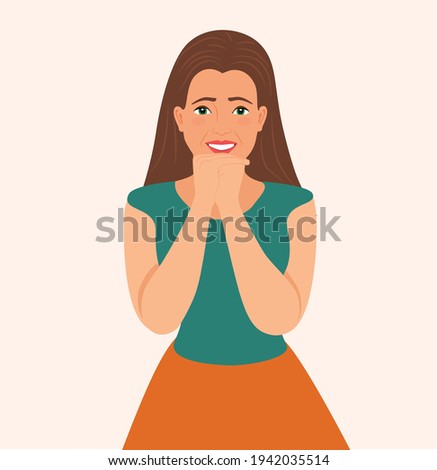 Surprised happy smiling young woman looks on in amazement.  dreamer girl looking hopefully. Amazed young woman holding her hands and open-mouthed. Isolated on white background. Vector illustration