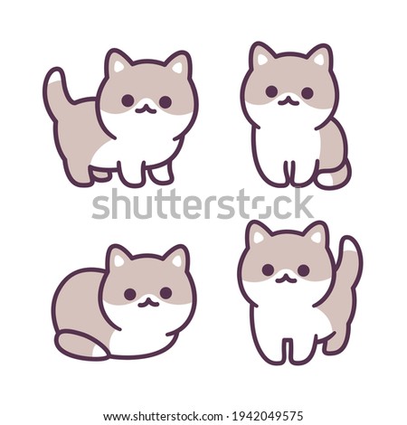 Tiny baby kitten hand drawn illustration set. Adorable little cat standing, sitting and lying. Simple kawaii doodle style.