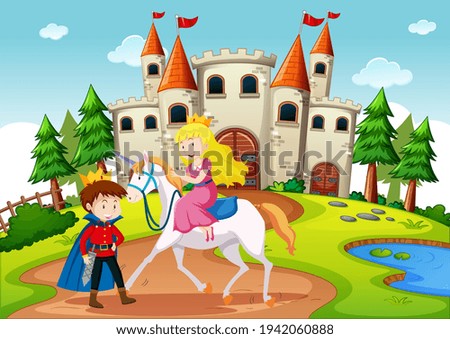 Prince and princess in fairytale land scene illustration