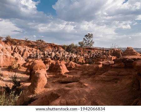 landscape of eroded rocks and ravines in the desert.