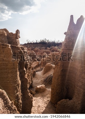 landscape of eroded rocks and ravines in the desert.