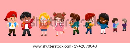 Pixel art of boys and girls characters on pink banner background. Multi-ethnic group of 8bit video game style