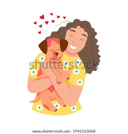 Happy pet owners. A young woman hugs a dog. Happiness, joy, heart. Cute flat vector illustration.