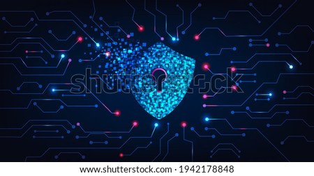 Cyber security destroyed.Shield destroyed on electric circuits  network dark blue.Cyber attack and Information leak concept.Vector illustration. Royalty-Free Stock Photo #1942178848
