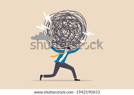 Stress burden, anxiety from work difficulty and overload, problem in economic crisis or pressure from too much responsibility concept, tried exhausted businessman carrying heavy messy line on his back Royalty-Free Stock Photo #1942190653