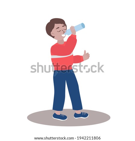 Cute boy enjoing drinking pure water vector illustration.