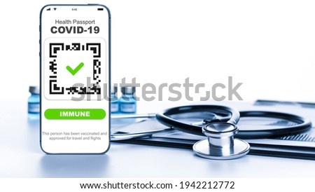 Health certificate. Medical equipment with Coronavirus vaccine certificate on phone screen, healthcare charts, syringe and doctor stethoscope on hospital white background. Digital passport concept