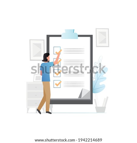 Vector girl, woman fills out questionnaire, answers questions, ticks off online on Internet on sites, applications. Passing an online questionnaire at home or in office. Choosing right answer.