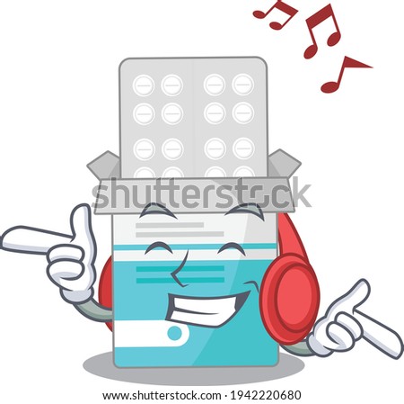 A Caricature design style of medical medicine bottle listening music on headphone. Vector illustration
