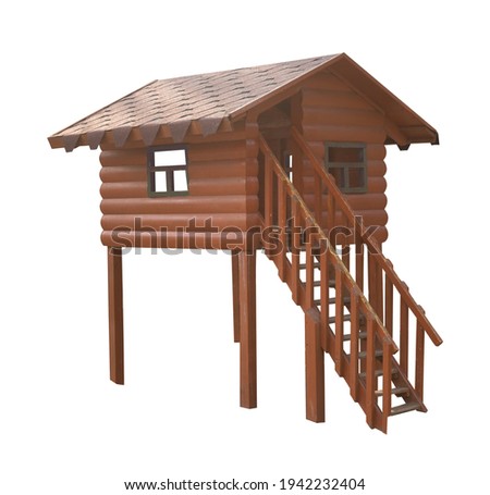 Wooden small house with a ladder on a white background in isolation