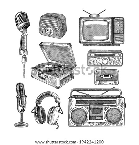 Retro media engraved illustrations set. Hand drawn sketch of vintage television, radio, tape recorder, cassette, microphones on white background. Nostalgia, retro technology, media, vintage concept