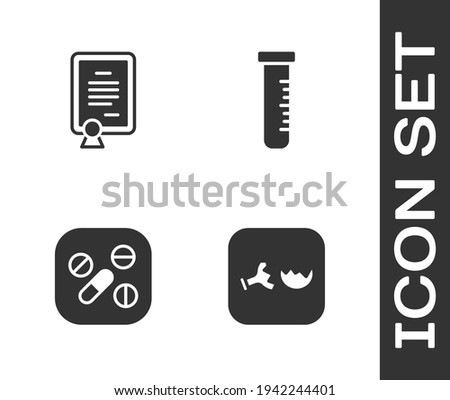 Set Broken flask, Certificate template, Medicine pill or tablet and Test tube and icon. Vector