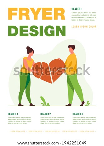Couple mending broken pieces of heart. Young man and woman holding red heart shape with cracks. Vector illustration for love, relationship, problem, breakup concept