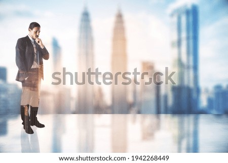 Thinking concept with pensive businessman on glossy floor on city skyscrapers background with copyspace. Mockup, double exposure