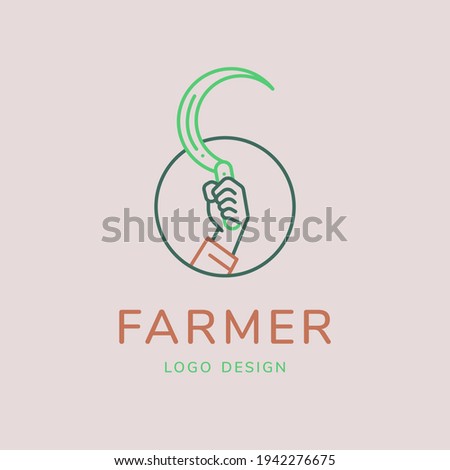 Farmer logo, hand sickle vector illustration for agricultural concept. Minimal thin line style.