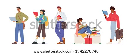 Set of Students Male and Female Characters with Different Bags Shoulder Belt, Rucksack or Backpack, Hand Bag. Men and Women Reading Textbooks, Prepare to Exam. Cartoon People Vector Illustration