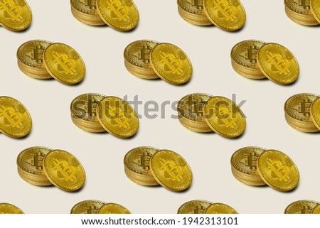 Seamless colorful pattern of Bitcoin currency on beige color background. From top view. Conceptual modern trendy style. Minimal background. Bitcoin coin finance concept