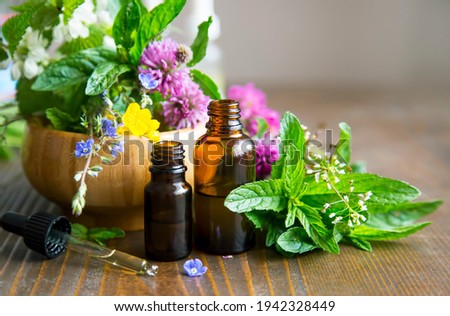 Essential oil bottles with medicinal plants and flowers, aromatherapy, phytotherapy, wellness and spa essnetial oil natural extracts