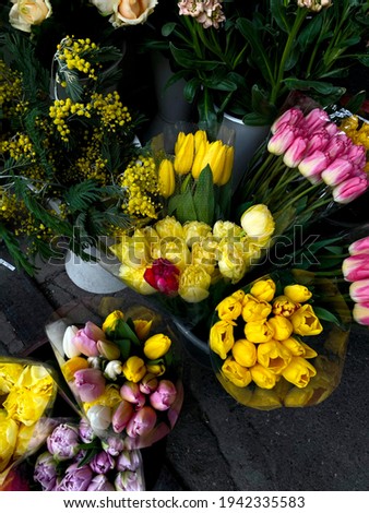 Red, yellow and other colorful tulips, roses and other live flowers.