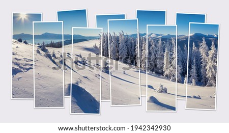Isolated ten frames collage of picture of snowy mountain valley. Stunning winter scene of Carpathian mountains. Mock-up of modular photo.
