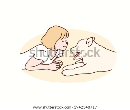 happy woman with little dog.Hand drawn style vector design illustrations.