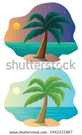 Cartoon landscape with small tropical island in 2 color versions.