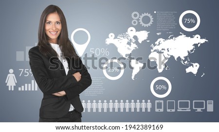 Business Information Concept. Business woman standing with  infographic template
