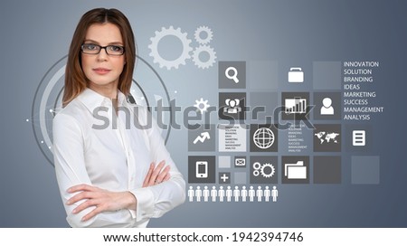 Business Information Concept. Business woman standing with  infographic template