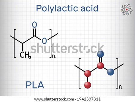 Polylactic acid, polylactide, PLA molecule. It is polymer, bioplastic, thermoplastic polyester. Structural chemical formula and molecule model. Vector illustration Royalty-Free Stock Photo #1942397311