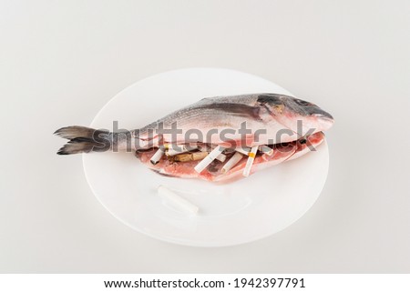 gutted fish on plate near cigarette ends on white surface, ecology concept