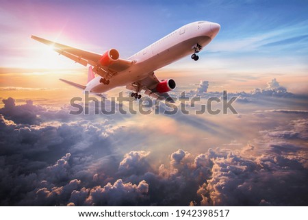 Landscape with aircraft is flying above clouds in the blue sky. Travel background with passenger plane. Commercial airplane. Private jet. Fast Travel and transportation concept Royalty-Free Stock Photo #1942398517