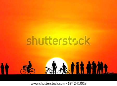 Activities of people silhouette on sunset background.
