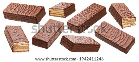 Waffle chocolate bar isolated on white background with clipping path, collection of whole and broken wafer Royalty-Free Stock Photo #1942411246