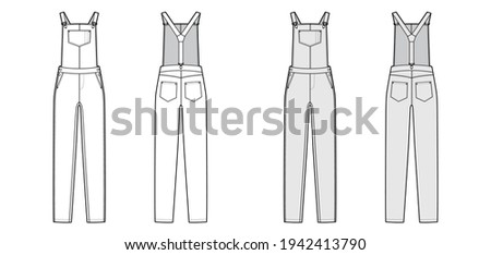 Dungaree Denim overall jumpsuit technical fashion illustration with full floor length, normal waist, high rise, pockets, Rivets. Flat front back, white, grey color style. Women, men unisex CAD mockup Royalty-Free Stock Photo #1942413790