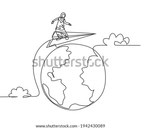 Continuous one line drawing young Arab female worker flying around the world. Success business travel trip. Minimalist metaphor concept. Single line draw design vector graphic illustration