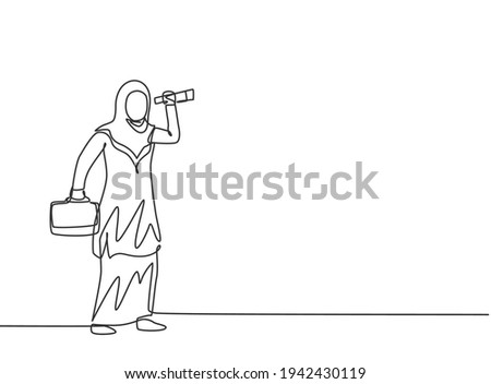 Single one line drawing young Arab business woman analyze market situation with monocular. Business challenge. Minimal metaphor concept. Modern continuous line draw design graphic vector illustration