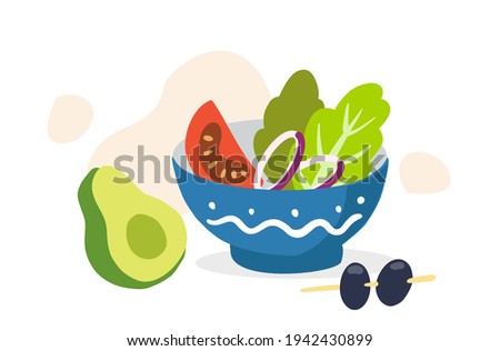 Fresh salad with green leaves, avocado tomato and olives.. Hand drawn illustrations. Cartoon vegan style. Flat design.